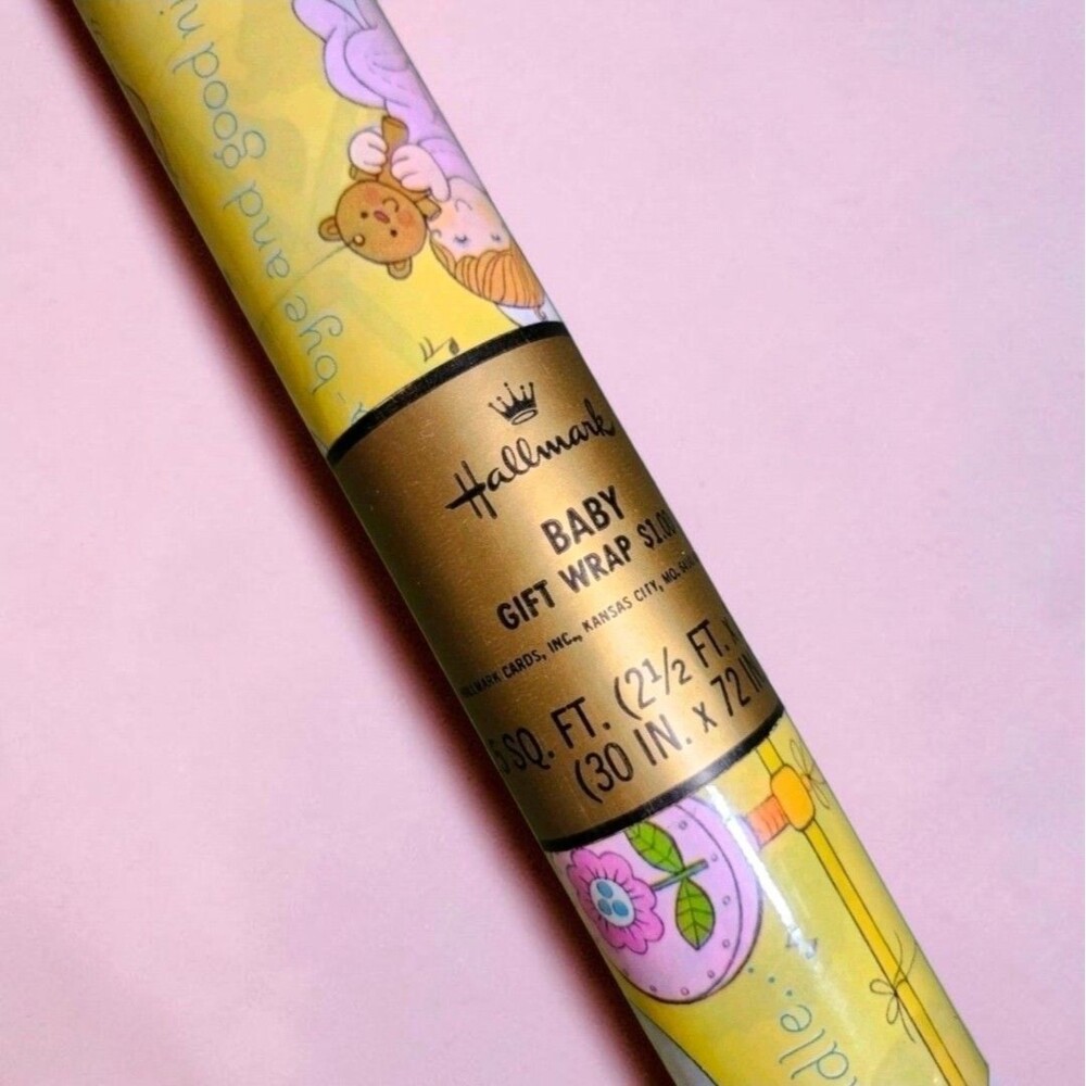 Vintage 1980 Hallmark Baby Wrapping Paper Yellow Nursery Rhymes NOS 15 Sq Ft